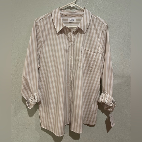 NWT Croft & Barrow Women’s Tan Striped Button Down Shirt - Picture 1 of 5